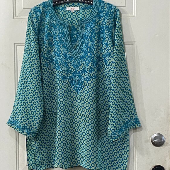 Amaya Women's Silk Sz 42/ US L Tunic Long Sleeve Turquoise Geometric Embroidered - Picture 1 of 11